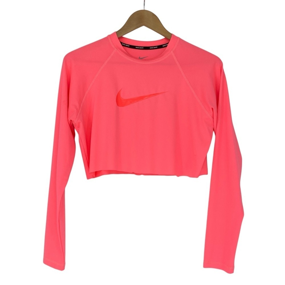 Nike Swim Neon Pink LS Cropped Cutoff Dri Fit Tee Sz Large - Picture 2 of 10